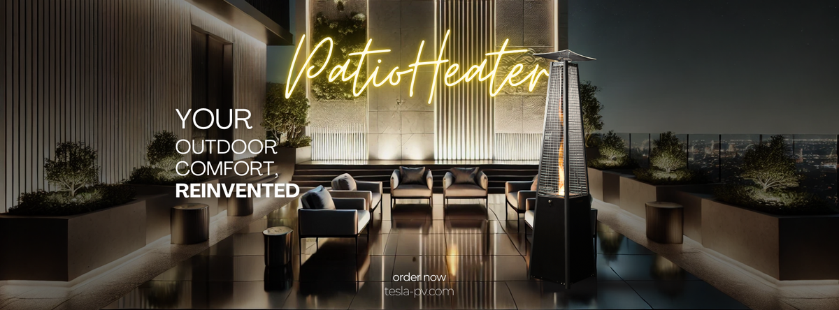 A glass tube patio heater glowing on a terrace at night.