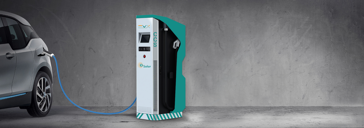 An EVX DC fast charger connected to an electric car.