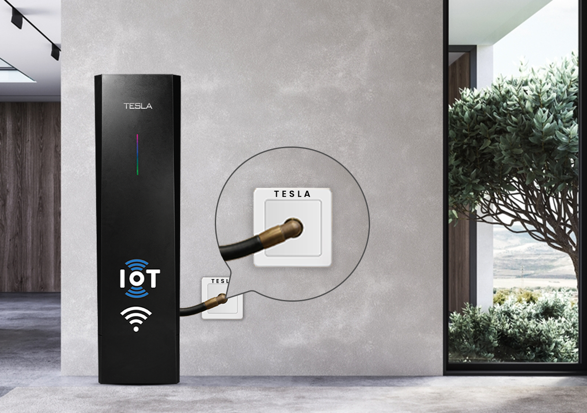 A Tesla safety gas hose connecting a smart geyser to the wall.