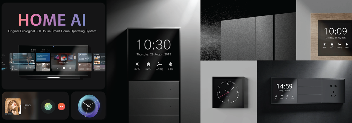 ORVIBO smart home control panels showing the time and room controls.