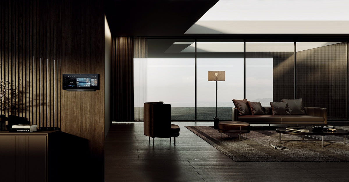 ORVIBO MixPad X smart panel on a wood wall in a modern living room