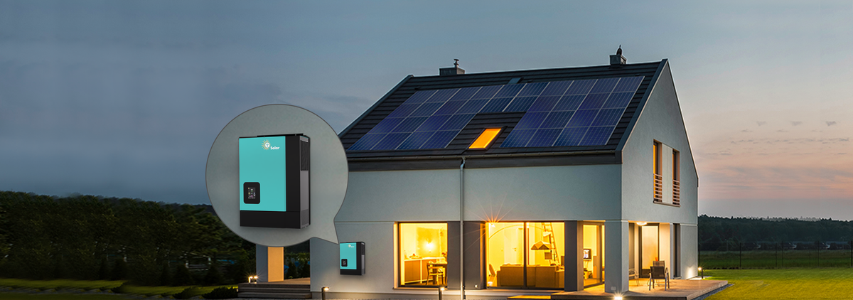 A solar-powered house at dusk with a hybrid inverter.