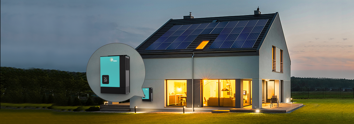 A solar-powered house at dusk with a hybrid inverter highlighted.